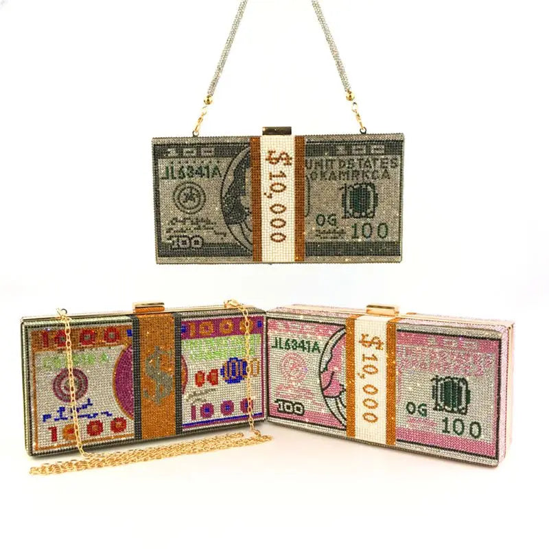 10000 Dollars Stack Bagz of Cash Rhinestone Purse