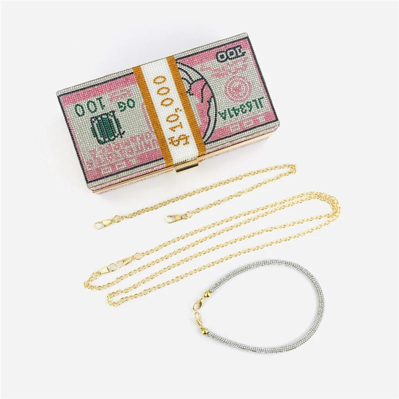 10000 Dollars Stack Bagz of Cash Rhinestone Purse
