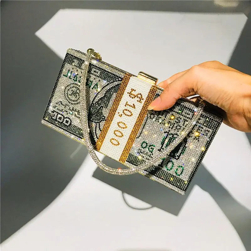 10000 Dollars Stack Bagz of Cash Rhinestone Purse