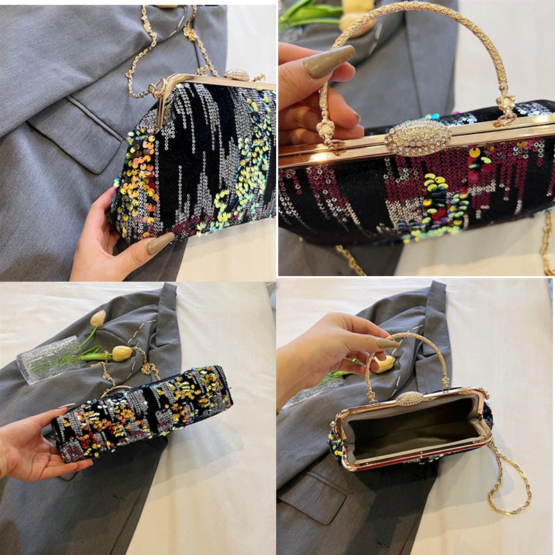 Midnight Blue Sequined Glitter Clutch Elegant Party Purse