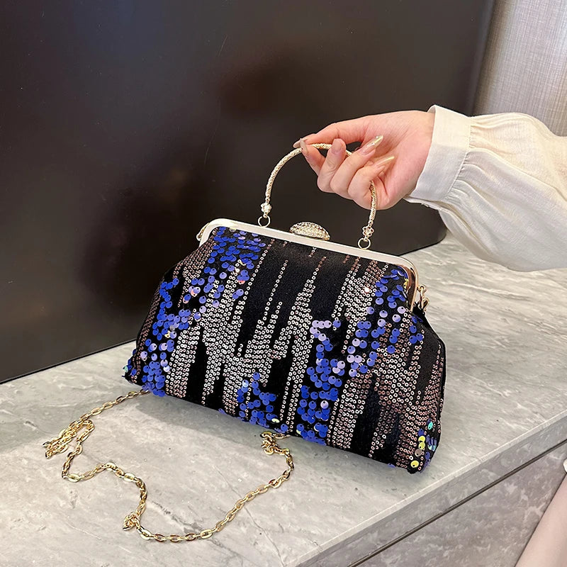 Midnight Blue Sequined Glitter Clutch Elegant Party Purse