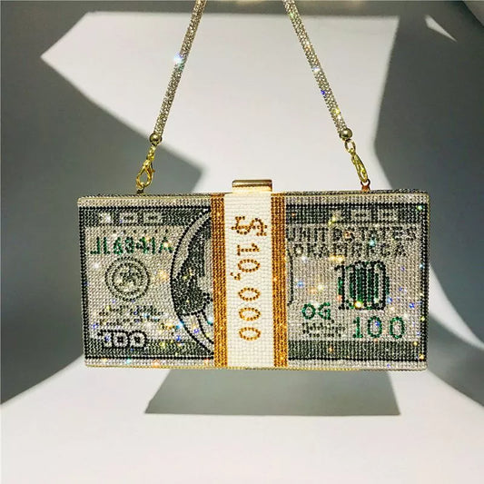 10000 Dollars Stack Bagz of Cash Rhinestone Purse