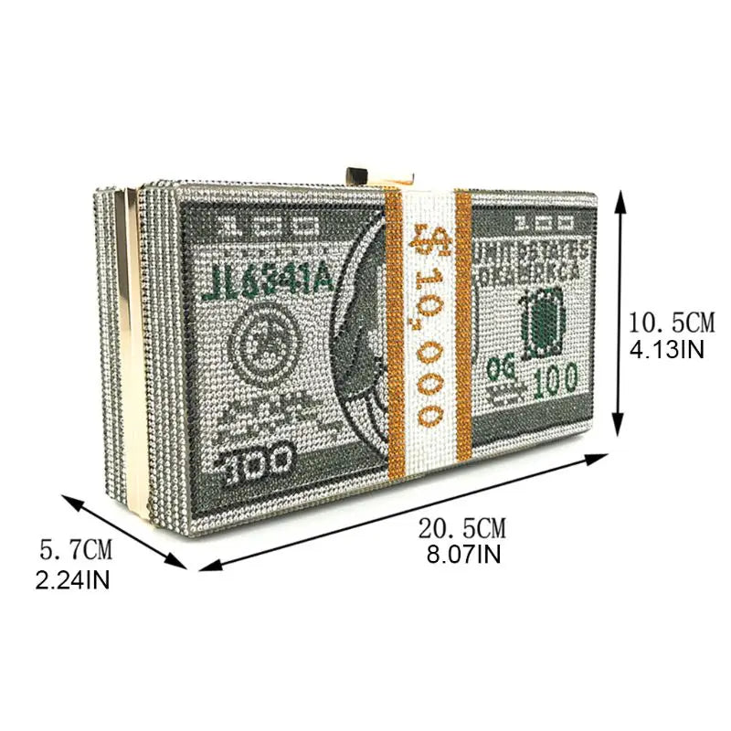10000 Dollars Stack Bagz of Cash Rhinestone Purse